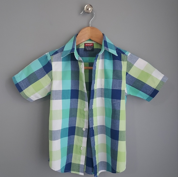 Wrangler, sz 4/5, plaid, button down & Fruit of the Loom sz 4/5 dark teal tshirt - Picture 3 of 5